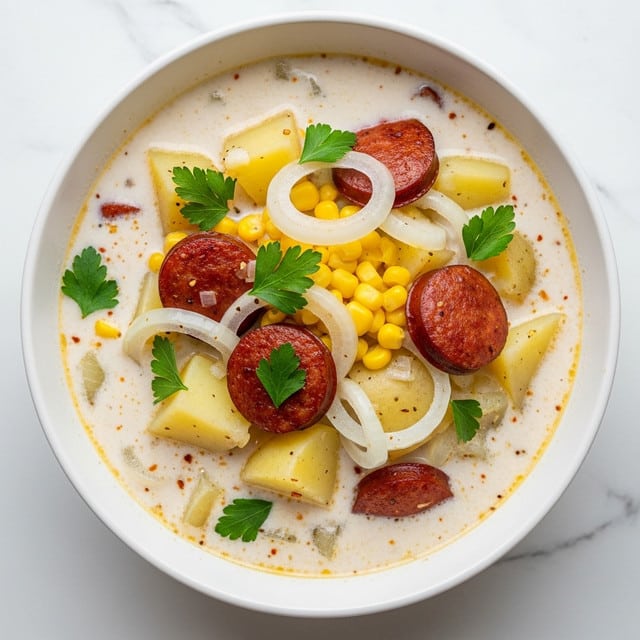 A close-up of a creamy soup served in a white bowl, featuring several layers and ingredients. The base layer is a thick, light beige creamy broth with specks of seasoning scattered throughout. Floating in the broth are large chunks of yellow potatoes, slices of reddish brown sausage, small pieces of yellow corn, and soft translucent onion strips. Bright green parsley leaves are sprinkled generously on top, adding color contrast. The ingredients are well mixed but still distinct, giving a rich, hearty look. The bowl sits on a white marbled background. photo taken with an iphone --ar 4:5 --v 7