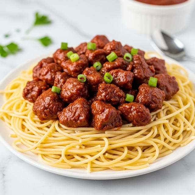 The image shows a white plate with two main layers: the bottom layer is a bed of yellow spaghetti noodles, smooth and slightly glossy, covering the whole plate. On top is a thick layer of chunky, reddish-brown meat covered in a shiny sauce. The meat pieces are uneven in size but closely packed together. Small pieces of green onion are sprinkled over the meat, adding a fresh green color. In the background, there is a blurred white bowl with red sauce and a spoon, and scattered green herbs on a white marbled surface. Photo taken with an iphone --ar 4:5 --v 7