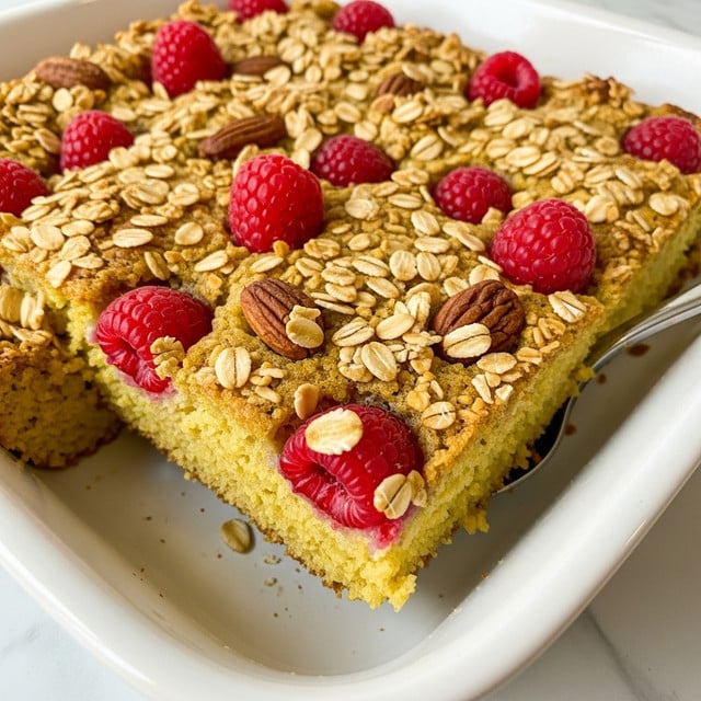 The image shows a thick, square slice of golden baked oatmeal topped with scattered toasted oat flakes and fresh bright red raspberries in a white baking dish. The oatmeal layer appears soft and slightly spongy with a warm yellow-brown color. The surface is uneven, showing clusters of crunchy oats mixed with bits of nutty brown pieces and some more raspberries embedded in the oatmeal. The baking dish sits on a white marbled texture, and a spoon is partially visible under the slice, indicating someone is lifting the piece. photo taken with an iphone --ar 4:5 --v 7