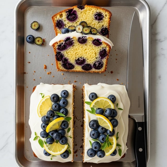 A shiny silver tray holds a lemon blueberry cake, sliced to show two distinct sections: the top half features two thick slices revealing a soft, moist yellow crumb filled with dark purple blueberries, with some cut blueberries on top for decoration. The bottom half shows two larger slices covered in smooth white icing, topped with plump fresh blueberries, small lemon wedges, and a few green herb sprigs. A large silver knife with a black handle rests on the right side of the tray, which is placed on a white marbled surface. photo taken with an iphone --ar 4:5 --v 7