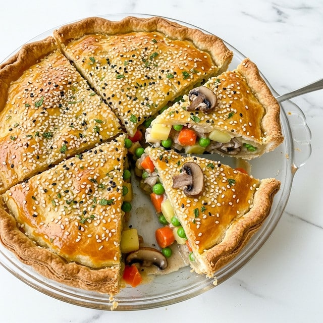 A round pie with four large slices cut, topped with a golden-brown crust sprinkled with sesame seeds and small green herb flakes, has a thick upper layer that is flaky and shiny. One slice is lifted by a silver spoon showing the filling beneath, which contains colorful pieces of orange carrots, green peas, pale yellow potato cubes, and sliced brown mushrooms in a creamy, light beige sauce. The clear glass pie dish sits on a white marbled surface. photo taken with an iphone --ar 4:5 --v 7