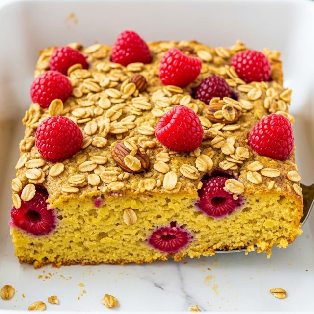 A close-up of a white rectangular baking dish filled with a baked dessert that has three visible layers. The base layer is a light golden, soft-looking bread or cake soaked in a custard-like mixture. The middle layer shows red raspberries embedded throughout, adding a bright splash of color. The top layer is a crunchy oat and nut crumble, golden-brown and toasted with visible slices of almonds scattered over the surface. Several whole raspberries sit on top, providing texture and vibrant red spots among the toasted oats. The dish is set on a white marbled surface, and a woman's hand is holding a silver serving spoon with a portion being lifted. Photo taken with an iphone --ar 4:5 --v 7