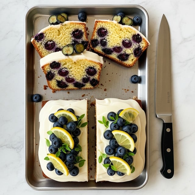 A shiny silver tray holds four slices of blueberry lemon cake arranged in two rows. The two front slices are covered with a smooth white icing topped with fresh blueberries and small lemon wedges, while the two back slices are plain, showing a yellow crumb studded with dark blueberries. Some loose blueberries are scattered on the tray around the cake. A silver knife with a black handle rests on the right side of the tray. The tray is set on a white marbled surface with hints of baking items blurred in the background. photo taken with an iphone --ar 4:5 --v 7