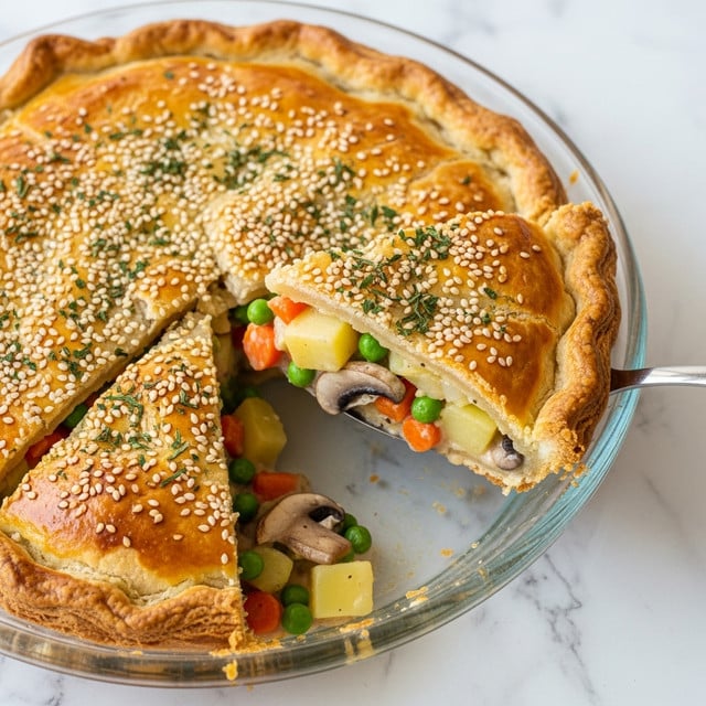 A round pie with a golden brown, flaky top crust covered in white sesame seeds and small green herb pieces, cut into four large slices. One slice is lifted with a silver spoon, revealing layers of thick, creamy beige sauce mixed with small pieces of orange carrots, white potatoes, green peas, and slices of brown mushrooms beneath the crust. The pie is in a clear glass dish set on a white marbled surface. Photo taken with an iphone --ar 4:5 --v 7