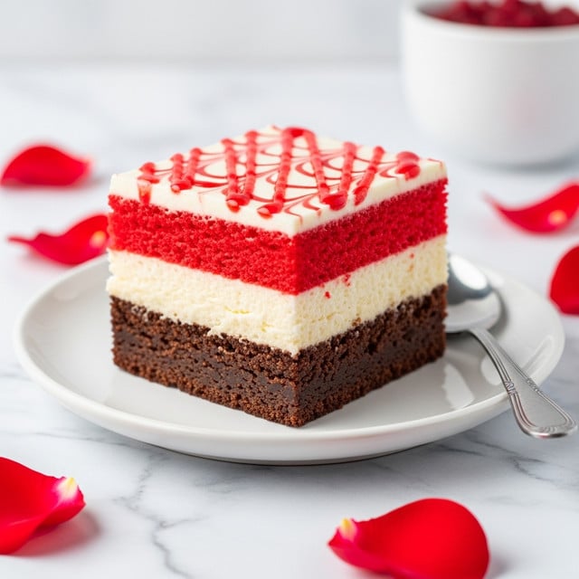 A close-up view of a square slice of layered red velvet cake placed on a white plate. The cake has three clear layers: a dark brown moist base layer, a thick smooth cream cheese middle layer in white, and a crumbly deep red velvet top layer. The top is decorated with swirled white frosting and bright red drizzle. The plate sits on a white marbled surface, with red rose petals around it and a blurred white cup in the background. Photo taken with an iphone --ar 4:5 --v 7
