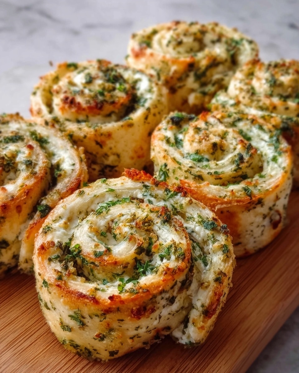 The image shows eight round, spiral-shaped baked rolls arranged closely on a wooden board. Each roll has three visible layers: a light, soft outer dough layer with a slight golden brown crust; a creamy white inner layer mixed with green herbs, giving a fresh, speckled look; and a light orange layer, likely melted cheese, adding a smooth texture inside the spirals. The green herbs are finely chopped and spread evenly throughout the creamy layer, creating a colorful contrast. The rolls appear fluffy and moist, with a slightly crispy edge around the spirals. Photo taken with an iphone --ar 4:5 --v 7