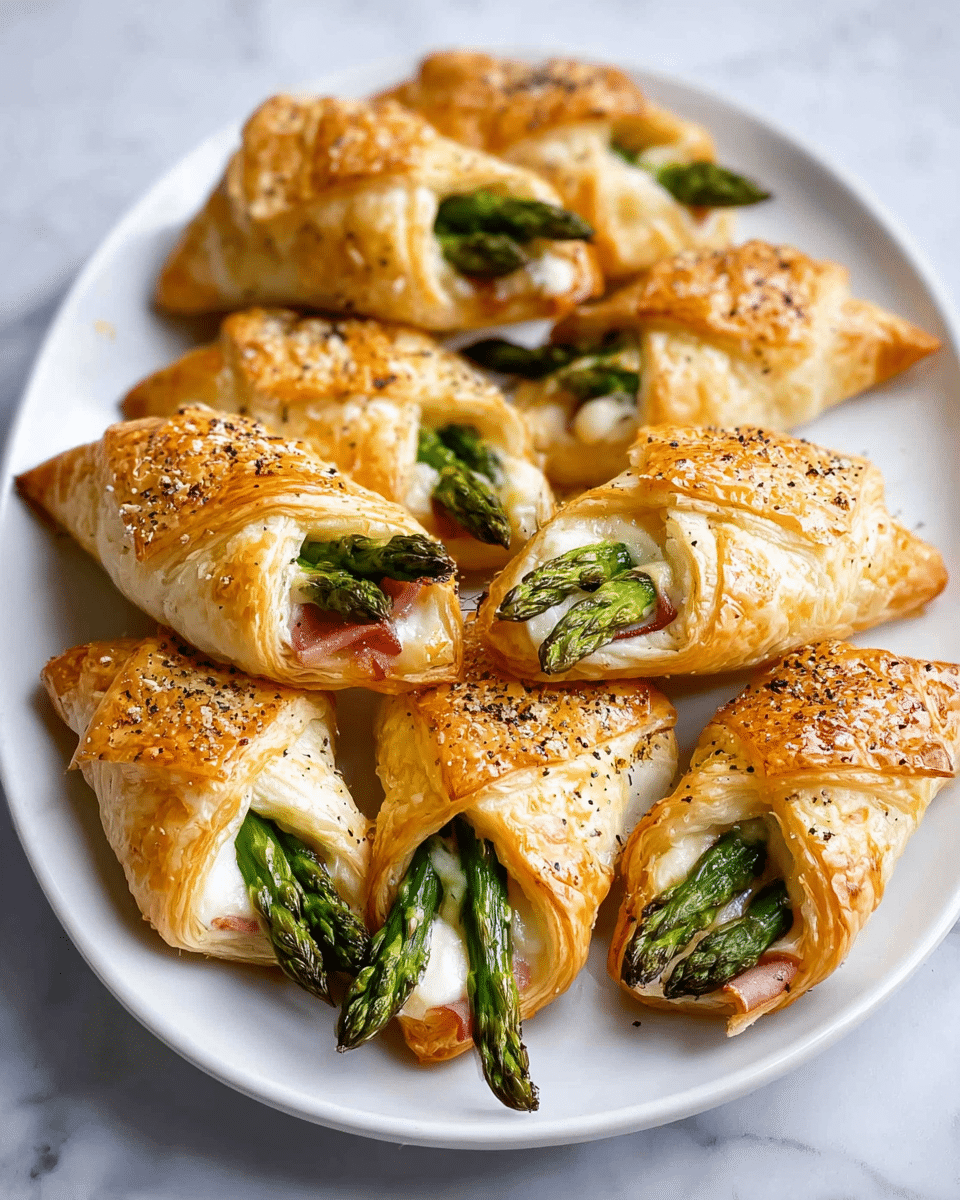 A white oval plate holds eight golden-brown puff pastry twists, each folded into a boat shape with three visible layers of crispy, flaky texture. Inside each twist, bright green asparagus tips and spears peek out, sitting on a bed of melted white cheese with small holes, mixed with bits of pink ham. The tops of the pastries glisten slightly with a light egg wash and are sprinkled with coarse black pepper and sea salt. The whole plate rests on a white marbled surface. photo taken with an iphone --ar 4:5 --v 7