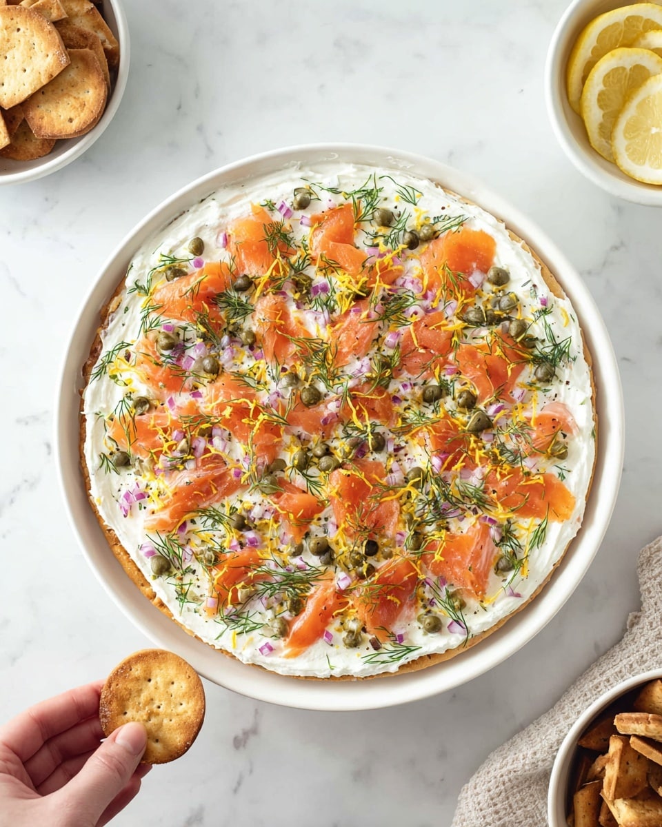 A white plate holds a layered dish starting with a smooth, creamy white base spread evenly. On top, there are scattered small pieces of orange smoked salmon, finely chopped purple red onions, green capers, and fresh dill sprinkled all over. Thin, bright yellow lemon zest strips are spread across the entire surface adding contrast. A woman's hand is reaching in from the lower left corner holding a round, light brown cracker to dip into the dish. The plate sits on a white marbled surface, with a small white bowl of lemon wedges on the left and a white bowl filled with more round crackers on the upper right side. A white salt shaker is slightly above the plate. photo taken with an iphone --ar 4:5 --v 7