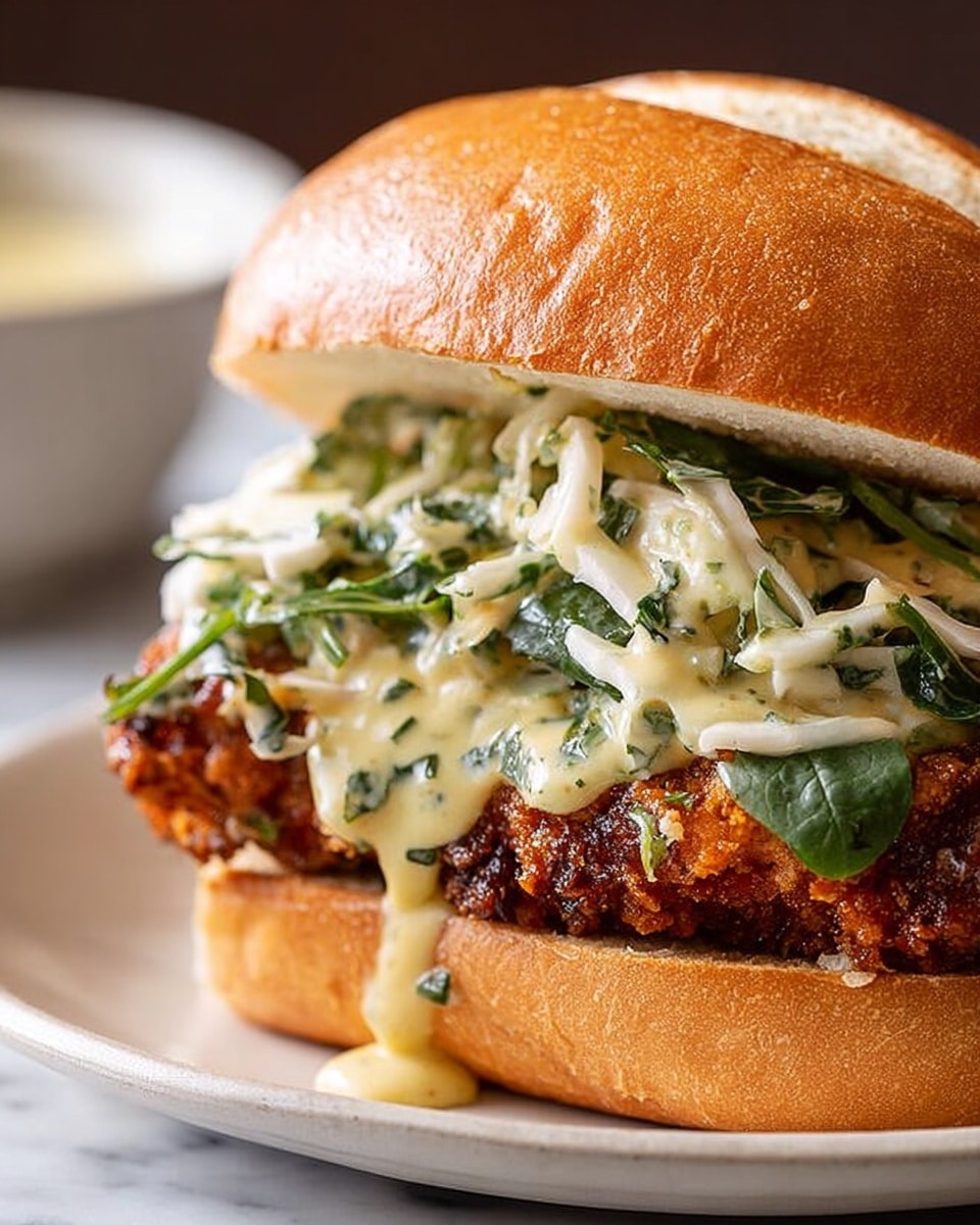 A sandwich on a white soft bun has four visible layers: the top golden-brown bun with a shiny crust, a drizzle of thick light beige sauce with green herbs, shredded white cabbage mixed with green leafy vegetables in the middle, and a crispy dark brown fried patty with a crunchy texture at the bottom, all resting on the bottom white bun with a light layer of sauce. The sandwich is placed on a dark plate against a white marbled surface background, with a blurred white bowl in the back. Photo taken with an iphone --ar 4:5 --v 7