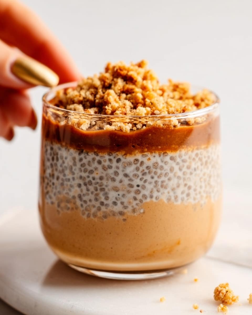 A clear glass cup filled with three visible layers on a white marbled surface. The bottom layer is a smooth, rich caramel brown pudding. Above it, a thick, creamy beige layer with visible small black chia seeds spaced evenly throughout. The top layer consists of a crumbly, golden-brown topping that looks crunchy and scattered lightly on the surface. A woman's hand with golden-toned nails is about to reach the glass from the right side. Photo taken with an iphone --ar 4:5 --v 7