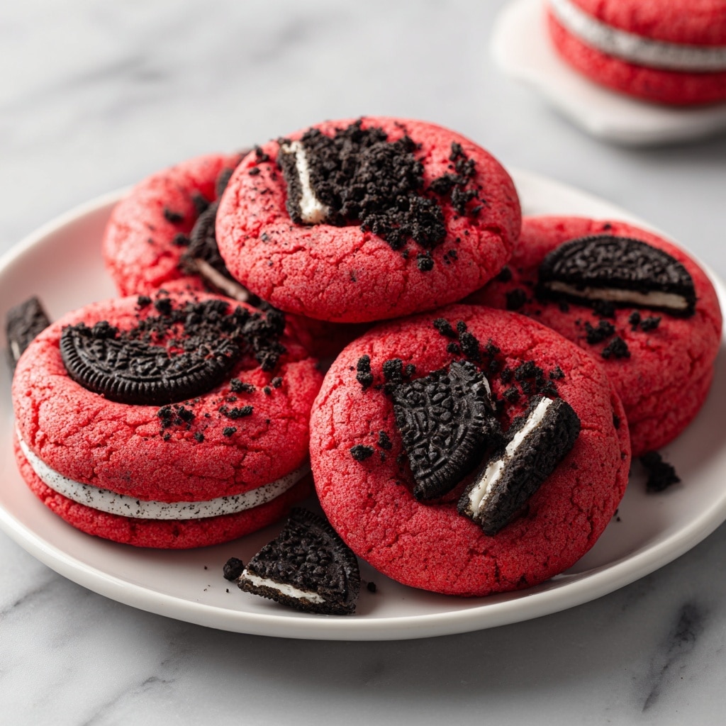 The image shows several red cookies on a white marbled surface. Each cookie has black and white Oreo cookie pieces on top, broken into small parts and spread unevenly. The cookies are bright red, soft in texture, and round. The Oreo pieces add a contrasting crunchy look with dark black and creamy white colors. One white plate with a stack of whole Oreo cookies is placed nearby. Photo taken with an iphone --ar 4:5 --v 7