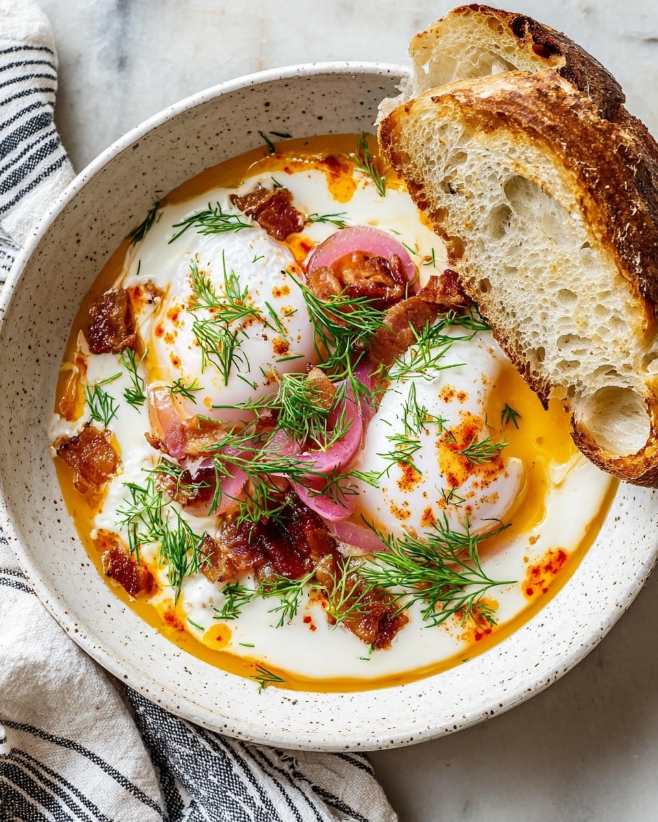 A speckled white bowl holds a dish with two white poached eggs in the center, resting on a base of thick, creamy white yogurt sauce. Around the eggs, there are small pieces of crispy, reddish-brown bacon and vibrant pink pickled onion slices. Bright green chopped chives and fresh dill sprigs are scattered over the eggs. Drizzled around the dish is a warm orange butter sauce with a slightly oily texture. On the right side of the bowl, there is a toasted slice of bread with a golden-brown crust and a soft, airy crumb. The bowl sits on a white marbled surface, with a striped blue and white cloth visible nearby. Photo taken with an iphone --ar 4:5 --v 7
