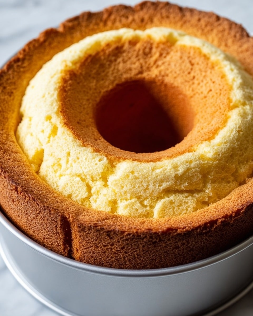 A golden brown Bundt cake sits inside a silver Bundt pan, its top layer showing a slightly cracked texture with a darker brown tone around the edges and a lighter yellow center ridge. The cake has one visible thick layer with a soft, fluffy texture, rising evenly around the circular hole in the pan's middle. The pan and cake rest on a white marbled surface, highlighting the warm tones of the cake. photo taken with an iphone --ar 4:5 --v 7