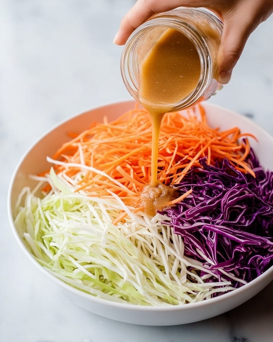 A white bowl contains three neat layers of shredded vegetables arranged side by side: light green cabbage on both edges, bright orange shredded carrots in the middle, and purple cabbage between the orange and one side of the green cabbage. A woman's hand is pouring a smooth, light brown dressing from a small clear glass jar onto the center of the vegetables. The bowl sits on a white marbled surface, providing a clean and simple background. photo taken with an iphone --ar 4:5 --v 7