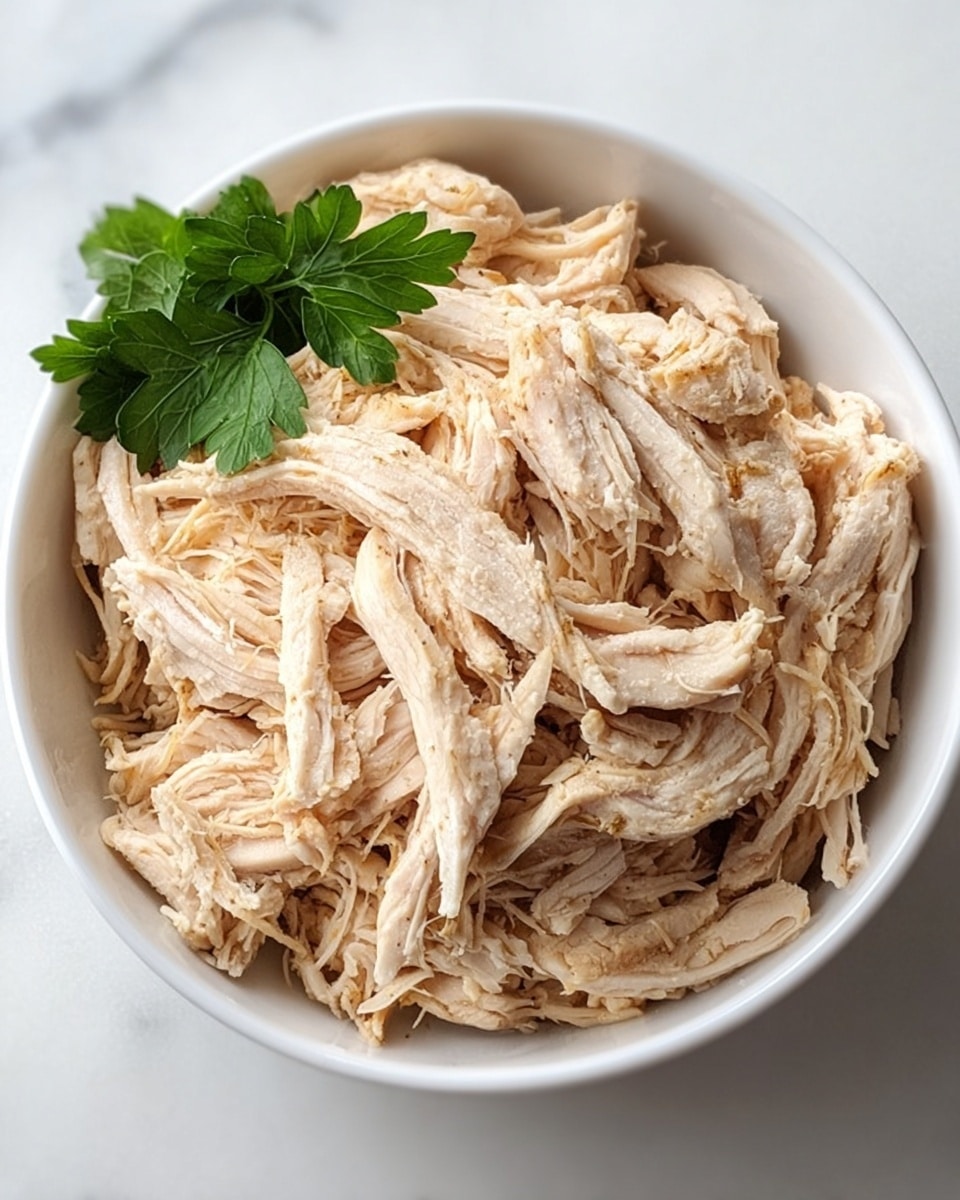 A white bowl filled with shredded pale beige chicken pieces piled high with a slightly fibrous texture, mixed with a few thicker strips that have a light brown outer edge. There is a small sprig of bright green parsley placed on the left side inside the bowl. The bowl sits on a white marbled surface, giving a clean and simple look to the image. photo taken with an iphone --ar 4:5 --v 7