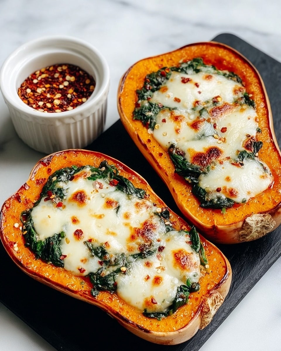 Two halves of roasted butternut squash with brown edges sit on a black square board. Each half has layers starting with an orange roasted squash base, topped with a layer of wilted dark green spinach, and finished with melted, golden-brown cheese that is bubbly and slightly browned on top. Next to them is a small white ramekin filled with reddish-brown crushed chili flakes. The whole setup rests on a white marbled surface. photo taken with an iphone --ar 4:5 --v 7