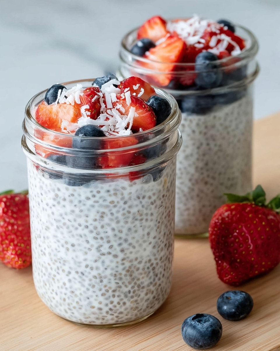 Two clear glass jars are filled mostly with a creamy white chia pudding dotted with black chia seeds. Each jar is topped with a layer of sliced red strawberries, whole blueberries, and a sprinkle of white shredded coconut. The jars sit on a light wooden surface with a few scattered strawberries and blueberries around them, all against a white marbled background. photo taken with an iphone --ar 4:5 --v 7