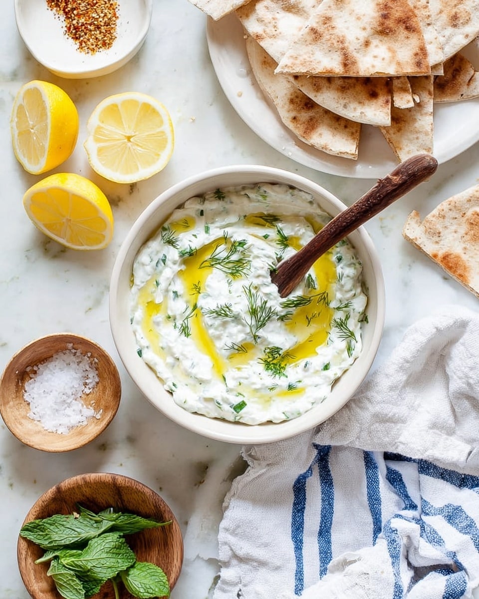 A white bowl filled with creamy white yogurt sauce mixed with small green herb pieces, topped with a light drizzle of golden olive oil, sits in the center. A wooden spoon with a deep brown handle rests inside the bowl. Around the bowl are several pieces of light brown pita bread stacked partially overlapping at the bottom left. To the top left, a small white dish holds fresh green mint leaves. Yellow lemon wedges lie above the bowl near a small clear glass jar filled with yellow olive oil. A small wooden dish with white salt is on the left side. A white cloth with blue patterns drapes softly on the right side over a white marbled surface. Photo taken with an iphone --ar 4:5 --v 7
