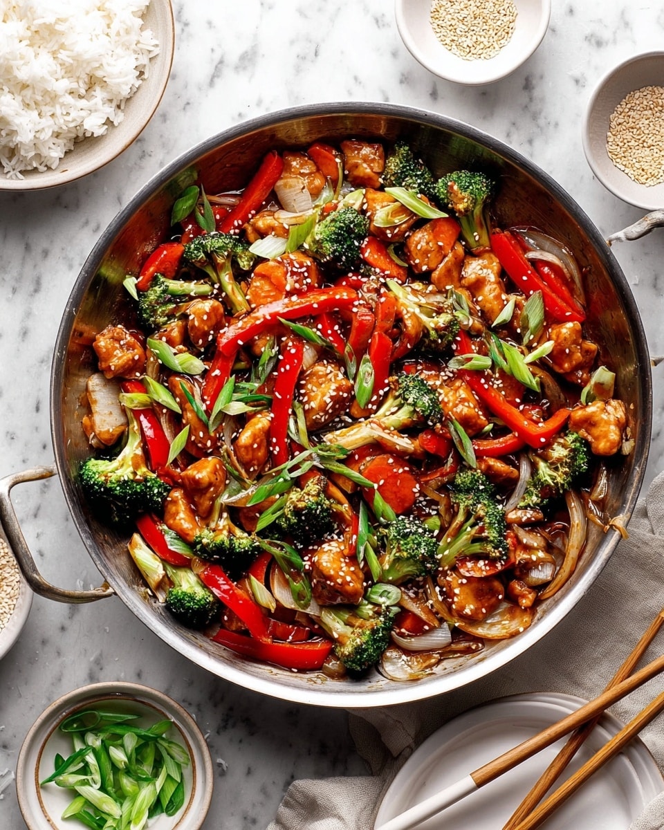 A large silver pan sits on a white marbled surface filled with a colorful stir-fry dish. The stir-fry has thick chunks of light brown chicken pieces mixed with bright green broccoli florets and sliced orange carrots. Curved strips of red bell pepper and thin slices of light yellow onion add more color, all coated in a shiny brown sauce. The dish is topped with scattered white sesame seeds and sliced green onions. To the left, a bowl of plain white rice sits on the white marbled surface, and to the right are small bowls with sesame seeds and sliced green onions. A pair of wooden chopsticks rests beside a white plate. Photo taken with an iphone --ar 4:5 --v 7
