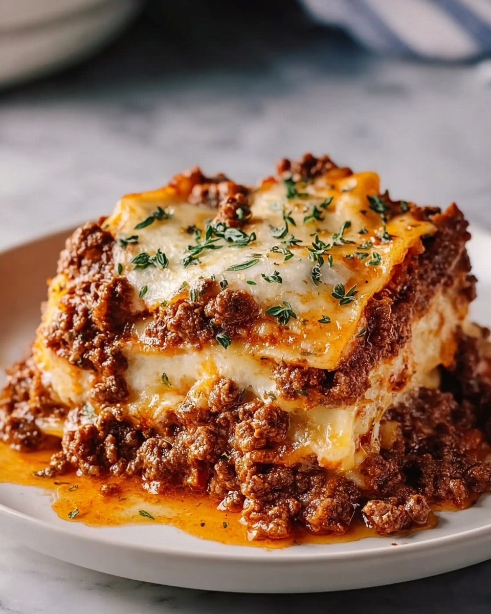 A thick slice of layered casserole sits on a white plate with a white marbled surface. The bottom layer is smooth and creamy mashed potatoes, topped by a rich, chunky ground beef layer with a brown, slightly oily texture. Above that is another layer of mashed potatoes, covered with melted golden-yellow cheese that is bubbly and slightly browned. Fresh green herb bits are scattered on top and peeping through the meat layer, adding a fresh touch. The whole dish has a moist, hearty look with a mix of soft and meaty textures. photo taken with an iphone --ar 4:5 --v 7