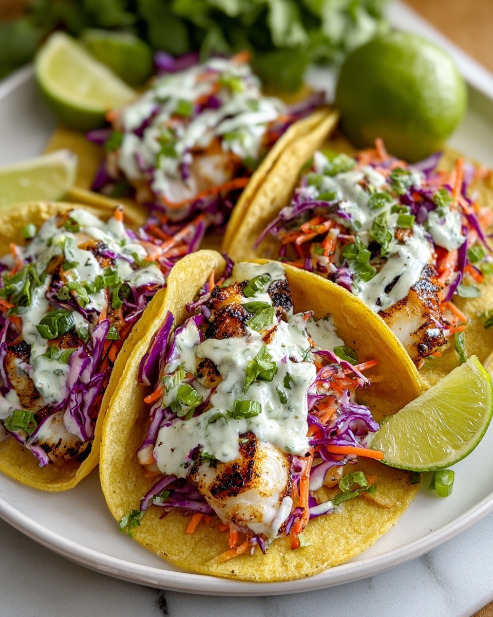 The image shows three tacos on a white plate with lime wedges on the side and some green lettuce in the background. Each taco has two yellow corn tortillas as the base, holding a piece of grilled, lightly charred white fish. On top of the fish there is a colorful mix of shredded purple cabbage, orange carrots, and thinly sliced green onions. The tacos are drizzled with a creamy white sauce sprinkled with chopped green herbs, likely cilantro. The whole scene is set on a white marbled surface. photo taken with an iphone --ar 4:5 --v 7