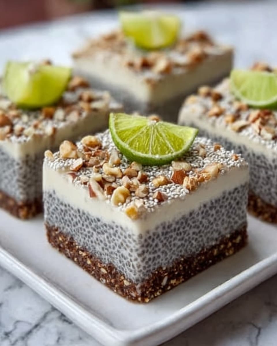 This image shows four square chia seed pudding desserts on a white plate. Each dessert has three clear layers: the bottom layer is a light brown crunchy base, the middle layer is a white chia seed pudding with tiny black seeds visible, and the top layer is a smooth off-white cream. The top layer is sprinkled with crushed nuts and each piece is decorated with a bright green lime wedge placed at an angle. The desserts are neatly arranged on a white marbled surface, and the background is softly blurred. Photo taken with an iphone --ar 4:5 --v 7