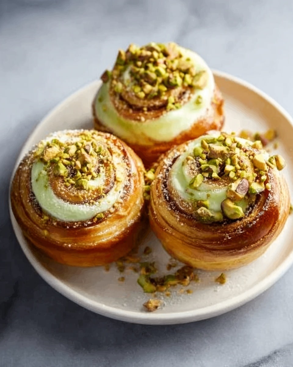 Three small round pastries sit on a white plate with a soft shine. Each pastry has three clear layers: a golden-brown outer dough ring, a thick creamy yellow layer in the middle, and a slightly lighter cream layer on top. The top surface is sprinkled with chopped green pistachios, adding a rough, textured look against the smooth cream. The plate is set on a white marbled surface, and the photo is taken with an iphone --ar 4:5 --v 7
