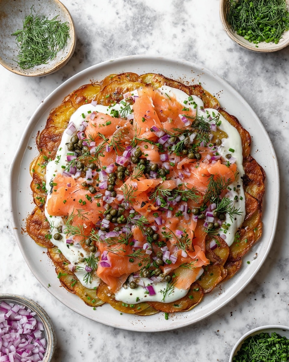 A round dish sits on a white marbled surface with a base layer of golden-brown crispy potato slices arranged tightly to form a thick, uneven crust. On top, a white creamy sauce is spread lightly, visible between the potato slices. Next, several thin, curled slices of bright orange smoked salmon cover the center in a loose circular pattern. Scattered all over are small green capers, finely chopped red onions, and chopped chives. Fresh green dill sprigs are placed evenly over the salmon and sauce, adding a delicate touch of green. Around the plate, small bowls hold extra chopped red onions, capers, and chives. photo taken with an iphone --ar 4:5 --v 7