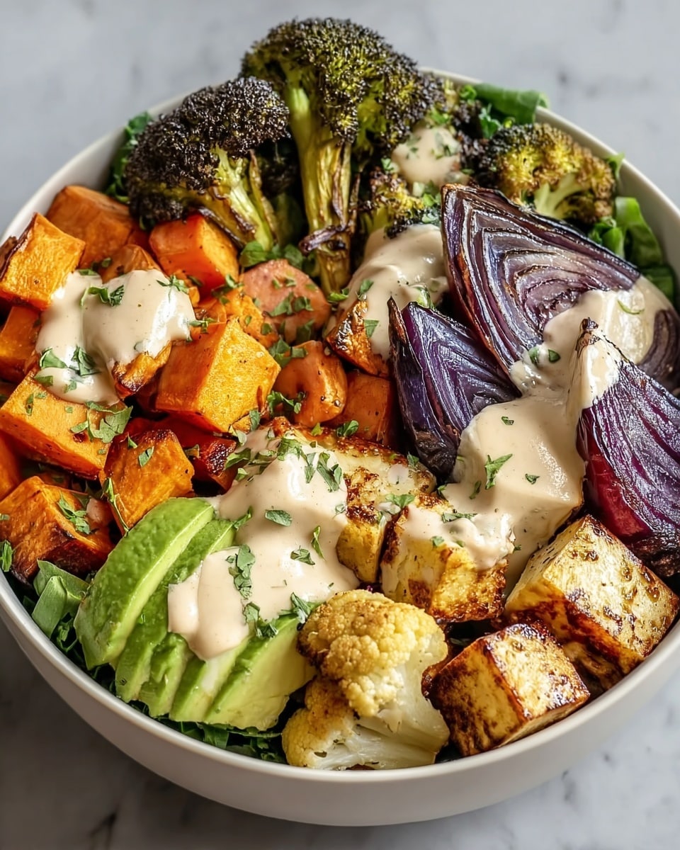 A white speckled bowl filled with five layers of colorful vegetables arranged in sections: at the bottom left, bright orange roasted sweet potato cubes with a slightly rough texture; next to it, tender roasted purple onion slices with a creamy sauce drizzled on top and chopped green herbs; above are golden-brown tofu cubes with a crispy texture; to the right, light roasted cauliflower florets; and at the top left, green broccoli with charred edges covered in more creamy sauce and chopped herbs. All layers rest on a bed of dark green leafy salad, set on a white marbled surface. photo taken with an iphone --ar 4:5 --v 7