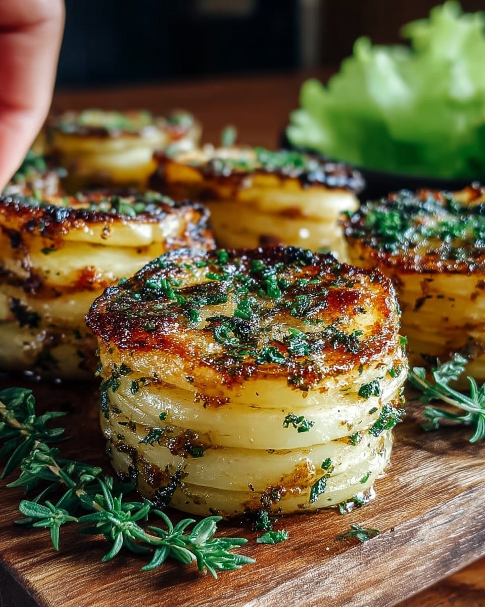 The image shows several round, thick potato stacks with a golden-brown crispy top layer sprinkled with finely chopped green herbs, sitting on a wooden board. Each stack reveals several thin, pale yellow potato layers stacked neatly, with small green herb bits between the layers. The tops are evenly browned, giving a crunchy look, contrasting with the smooth, tender inside. In the background, some irregular pieces of golden roasted potatoes are visible. The scene is set on a white marbled surface with bright, natural light highlighting the texture and colors. photo taken with an iphone --ar 4:5 --v 7