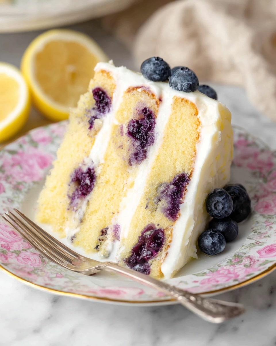 A slice of three-layer yellow cake with embedded dark purple blueberries is placed on a white plate with delicate pink floral patterns and a golden edge. Each cake layer is separated by a smooth, creamy white frosting that also covers the outside, blending subtly with the cake’s light texture. The cake looks moist, with the blueberries adding bold specks of dark purple and a slightly uneven texture to the yellow sponge. In the background, a halved lemon and a white frosted cake on a white plate sit on a white marbled surface, with a soft pink cloth partially visible. A silver fork rests beside the plate. Photo taken with an iphone --ar 4:5 --v 7