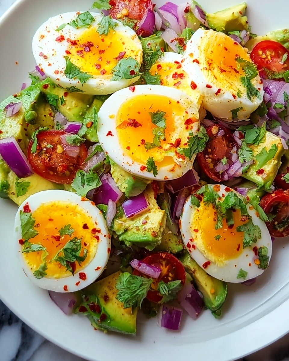 A white plate holds a colorful salad made of four halves of hard-boiled eggs with bright yellow yolks topped with small green cilantro leaves and sprinkled with red chili flakes. Below and around the eggs are slices of green avocado with a smooth texture, bright red cherry tomato halves, and scattered small pieces of purple onion, all resting on a white marbled texture surface. The mix shows fresh, vibrant colors with a soft but varied texture from creamy avocado to firm eggs. photo taken with an iphone --ar 4:5 --v 7