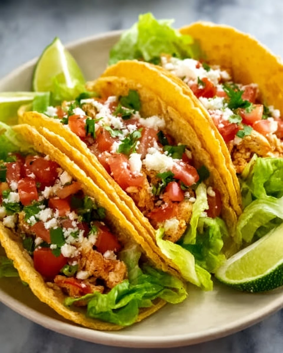 The image shows three yellow corn tacos, each filled with several layers: the bottom layer is green shredded lettuce, followed by a mix of diced red tomatoes and finely chopped onions with green herbs, topped with small pieces of grilled chicken that have a light brown color. The tacos are placed side by side on a white plate. Around the plate, bright green lime wedges are arranged, adding contrast. The background is a white marbled texture. Photo taken with an iphone --ar 4:5 --v 7