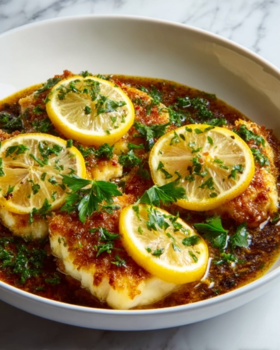 A white bowl holds a dish with three large, golden-brown pieces of cooked chicken topped with thin, bright yellow lemon slices and fresh green herbs sprinkled over. The chicken looks crispy with a shiny sauce that is light brown with small red and green bits, sitting in a shallow pool at the bottom. The white marbled surface underneath creates a clean and bright background for the colorful and fresh presentation. Photo taken with an iphone --ar 4:5 --v 7
