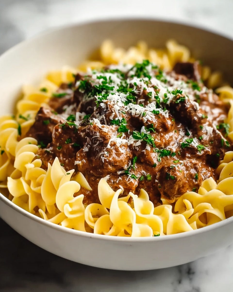 A white bowl holds a dish with two clear layers: the bottom layer is a bed of pale yellow spiral noodles with a soft, ridged texture, arranged to fill the bowl evenly. On top is a thick layer of rich brown creamy sauce with tender beef chunks, which have a slightly seared texture. The sauce is glossy, covering the meat and some noodle edges. Sprinkled over the sauce is a small amount of finely chopped green herbs and a light dusting of grated white cheese. The photo is taken close-up with a soft focus on the dish, and the background is a white marbled texture. photo taken with an iphone --ar 4:5 --v 7