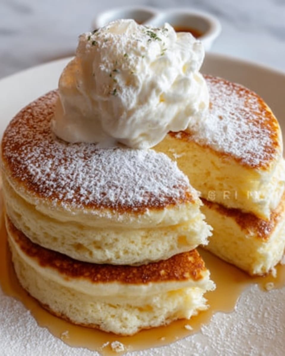 The image shows two thick, fluffy pancakes stacked on a white plate with syrup pooled around the base. The top pancake is dusted with powdered sugar and topped with a dollop of soft whipped cream, which is beginning to melt slightly. One pancake is partially lifted by a woman's hand, revealing the soft, airy texture inside with a golden-brown crust on the edges. The background is a white marbled texture, emphasizing the warm colors of the pancakes and syrup. Photo taken with an iphone --ar 4:5 --v 7