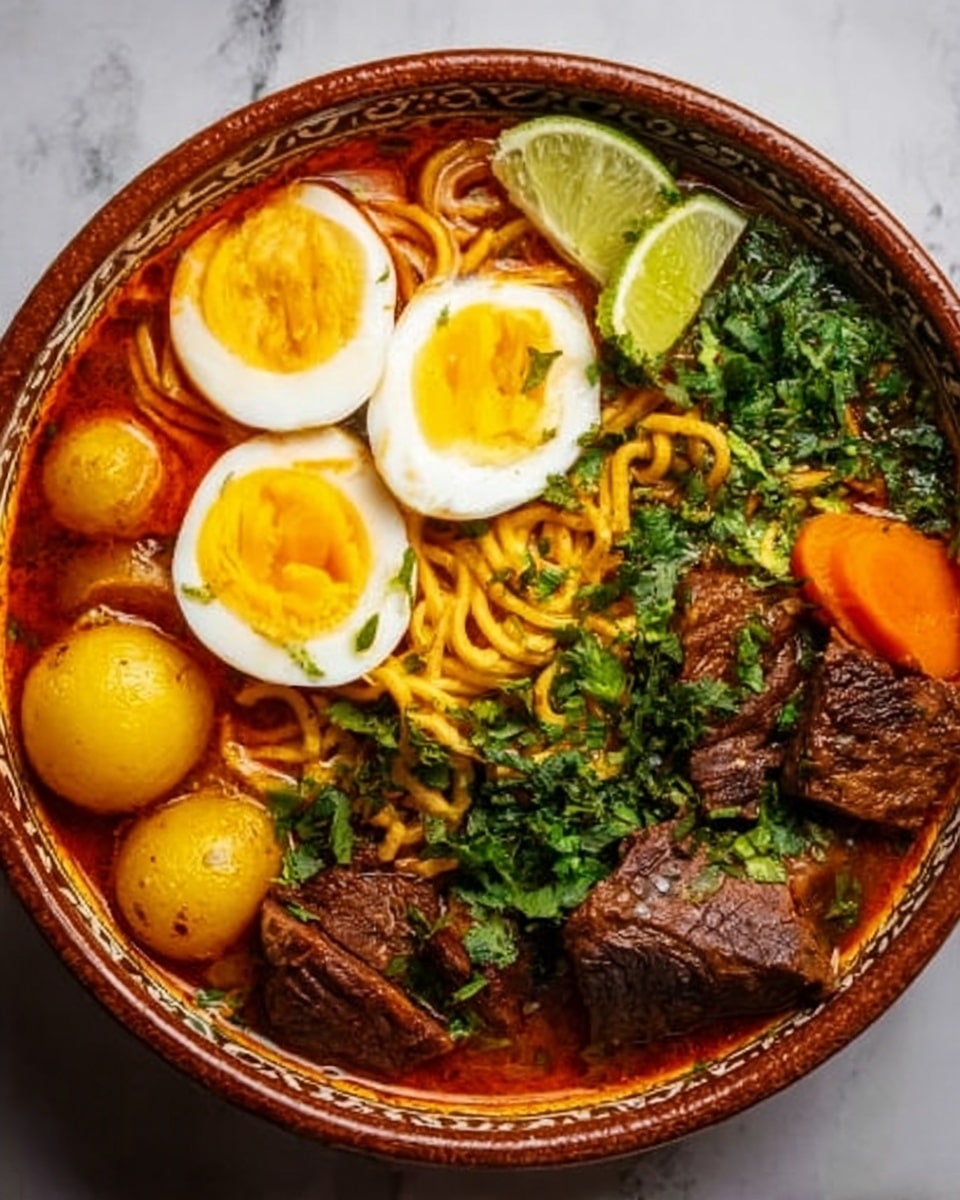A white bowl filled with a rich, reddish broth, containing three yellow, round potatoes on the left side and thin, light yellow noodles on the right. Two halves of a boiled egg with a bright yellow yolk are placed on the top left and bottom left of the bowl. There are chunks of dark brown meat scattered near the center and right side. Fresh green herbs and chopped onions are sprinkled on the top left. Two lime wedges are tucked on the top right, partially resting on the noodles. The bowl is placed on a white marbled surface. Photo taken with an iphone --ar 4:5 --v 7