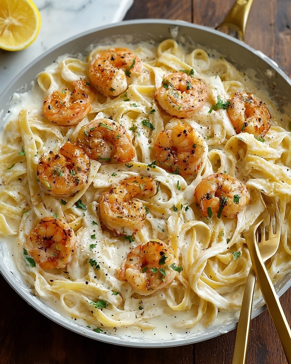 A close-up view of a round black pan filled with creamy fettuccine pasta covered in a thick, white sauce. On top, there are many golden-brown cooked shrimp arranged evenly, sprinkled with small bits of green herbs and black pepper. The pasta strands are smooth, tangled, and coated well with sauce. A gold fork is placed inside the pan, partially wrapped with pasta. In the background, a lemon half and white plates are visible against a white marbled texture. Photo taken with an iphone --ar 4:5 --v 7