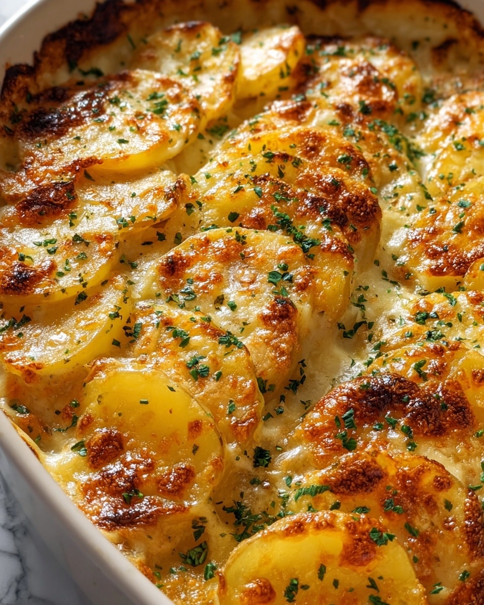 The dish shows many thin slices of golden-yellow potatoes, arranged closely in several vertical rows. Each potato slice has a slightly crispy, browned edge with a light, glossy coating of melted cheese that appears bubbly and browned in places. Finely chopped green herbs are sprinkled evenly across the top, adding a fresh contrast to the warm yellows and browns. The layers of potato slices overlap slightly, creating a textured, scalloped surface. The dish is inside a white baking dish that is partially visible on the photo, placed on a white marbled textured surface. photo taken with an iphone --ar 4:5 --v 7