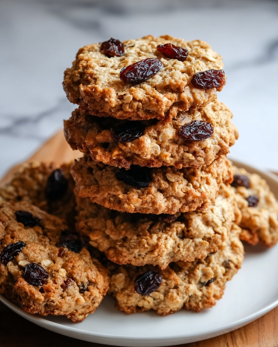 A stack of five oatmeal raisin cookies sits on a white plate placed on a wooden board over a white marbled surface. Each cookie has a rough-textured, golden brown surface with visible oats and scattered dark raisins embedded throughout. The top cookie shows a slightly uneven, crumbly edge, with raisins prominently distributed on the top and sides. Around the plate, there are more cookies partially visible, emphasizing the homemade, rustic look. The overall scene is warmly lit, highlighting the crunchy texture of the cookies. photo taken with an iphone --ar 4:5 --v 7