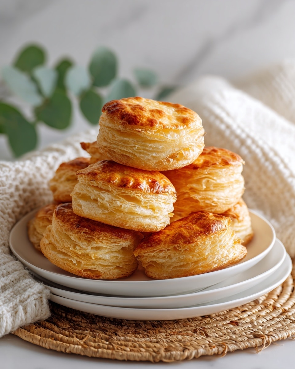 A stack of nine golden brown puff pastry puffs with visible flaky layers is arranged on a white plate, which sits on top of two other white plates. The pastries have a light, airy texture with delicate, crisp edges and a soft, slightly shiny surface. The background includes a blurred white crocheted cloth and some green plants, all set against a white marbled textured surface. photo taken with an iphone --ar 4:5 --v 7