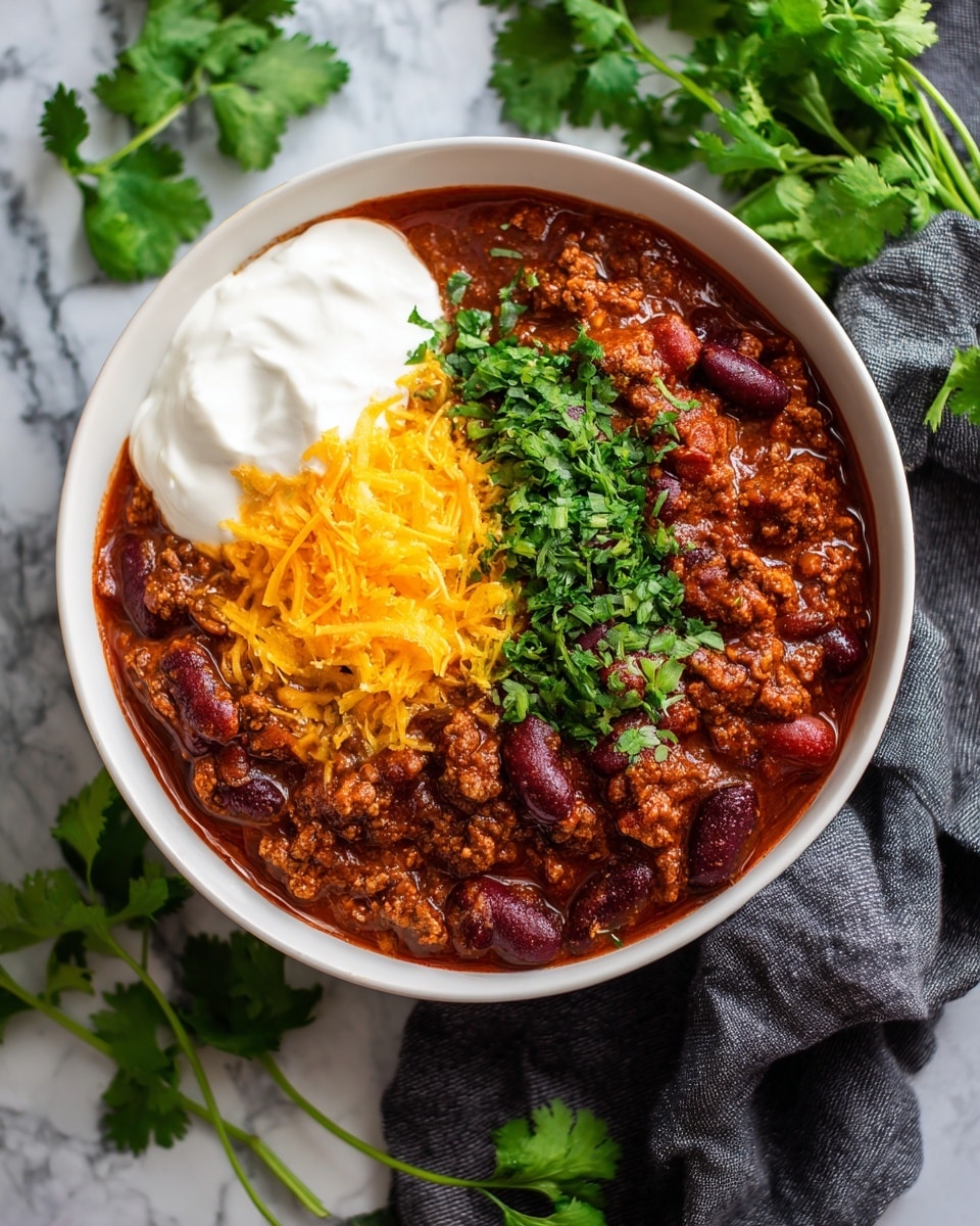 A white bowl filled with rich, thick chili made of browned ground meat and dark red kidney beans in a deep reddish-brown sauce, visible chunks of tomato mixed in. On top of the chili, there is a large dollop of white sour cream on the left side and a small pile of bright yellow shredded cheddar cheese next to it. The chili is garnished with small pieces of chopped fresh green herbs scattered on top. The bowl is placed on a dark gray textured cloth, all set on a white marbled surface. photo taken with an iphone --ar 4:5 --v 7