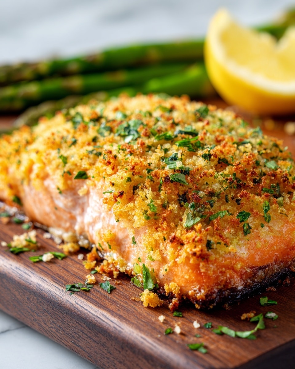A close-up view of a thick salmon fillet with a golden-brown crispy breadcrumb crust sprinkled with green parsley on top, resting on a dark wooden board; the crab’s orange flesh is visible underneath the crunchy crust, with a lemon wedge and green asparagus blurred in the white marbled texture background. photo taken with an iphone --ar 4:5 --v 7