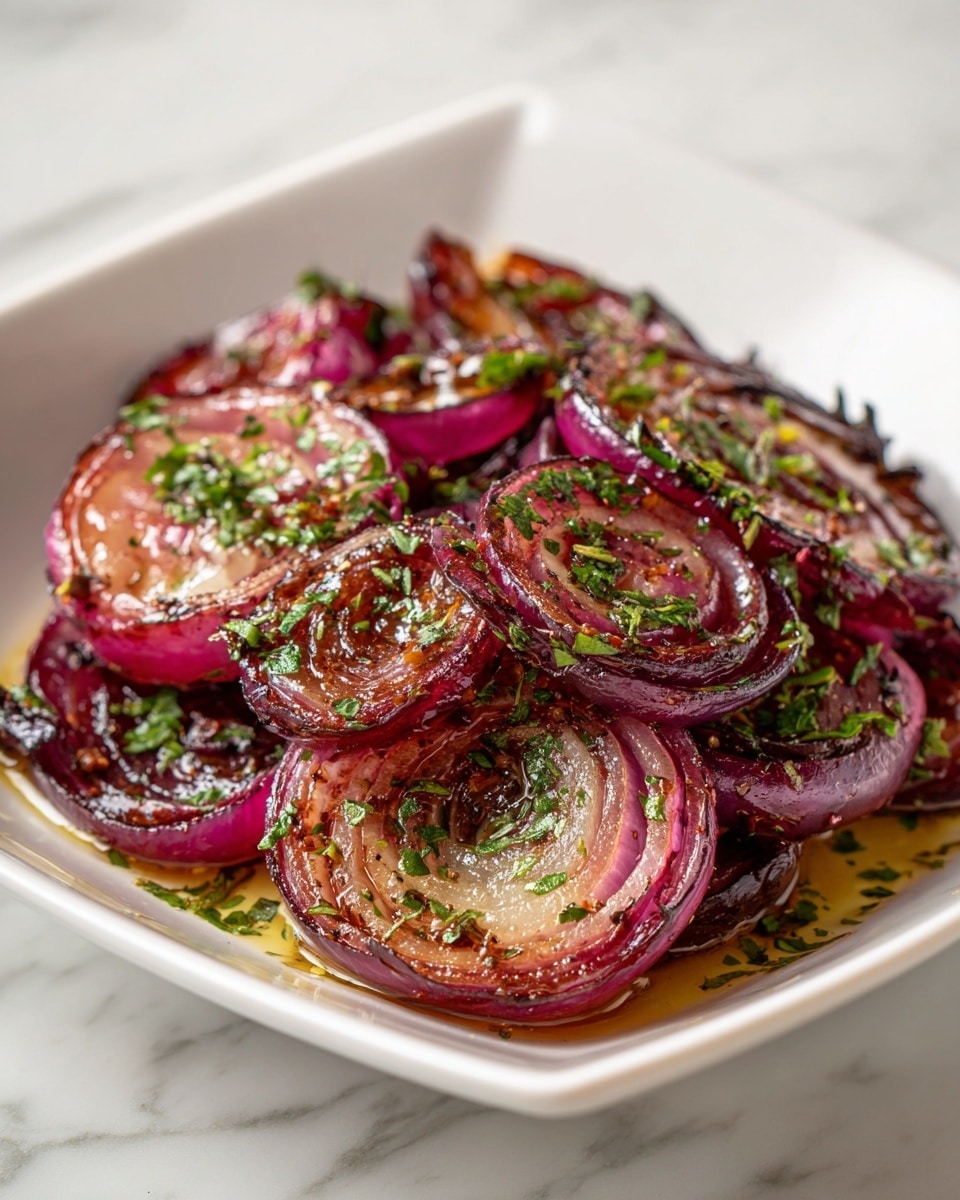 A white square bowl filled with layers of cooked red onions, each onion piece sliced into thick rings that show a glossy, soft texture with deep pink and light purple hues. The onions are browned on the edges with crispy bits scattered on top, covered unevenly with small pieces of chopped fresh green herbs. A thin layer of golden brown oil pools around the onions at the bottom, adding a shiny finish to the dish. The background is a white marbled texture. photo taken with an iphone --ar 4:5 --v 7