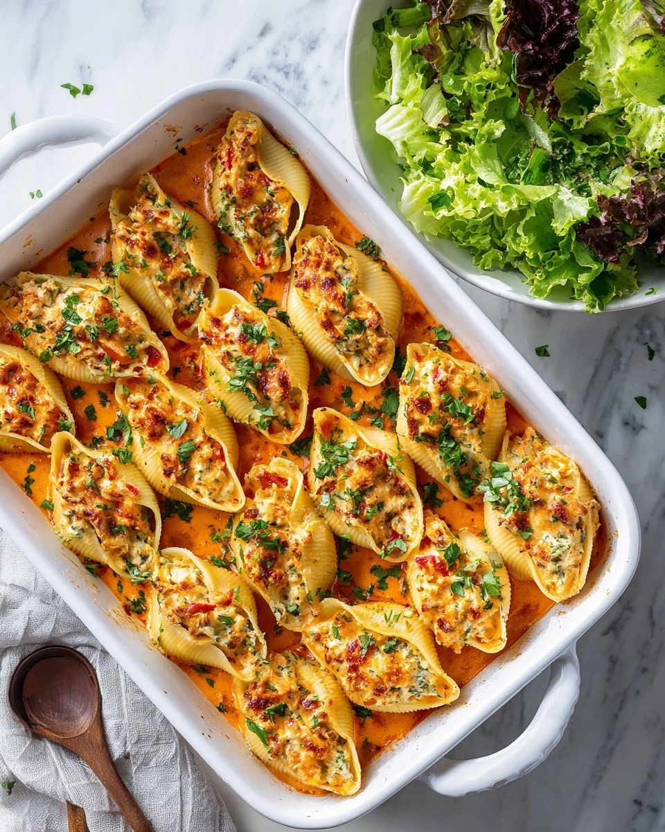 A white rectangular baking dish filled with evenly arranged golden-brown baked dumplings or stuffed pastries, each placed neatly in rows with slightly crispy edges visible. The dish is covered in a creamy orange sauce that pools around the dumplings, topped with finely chopped fresh green herbs and thin slices of red chili peppers for a pop of color. The surface under the baking dish is a white marbled texture, with a glimpse of a white bowl holding green salad leaves in the background. The lighting highlights the textures of the sauce and the dumplings, making the dish look warm and inviting. Photo taken with an iphone --ar 4:5 --v 7