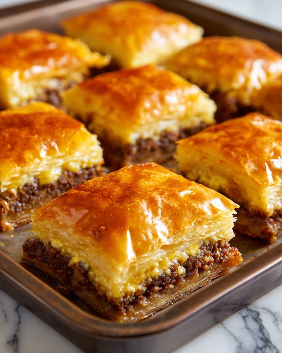 The image shows a close-up of several square pieces of golden-brown pastry in a baking tray. Each piece has a top layer of flaky, shiny, and slightly crispy pastry that is a rich golden color with a slightly oily texture. Inside, the middle layer reveals a dense, dark brown minced meat filling that looks moist and well-cooked. The bottom layer is another thin, light brown pastry crust that supports the meat filling. The tray is dark metal, contrasting with the warm colors of the pastry and filling. The background is a white marbled texture. photo taken with an iphone --ar 4:5 --v 7