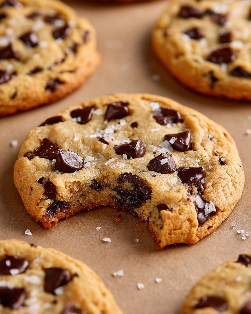 A close-up view of a broken square chocolate chip cookie on a flat brown surface with a white marbled texture. The cookie has a light golden-brown color with a slightly crumbly texture and small salt flakes on top. There are visible melted dark chocolate chips embedded inside the cookie dough. In the background, there is another whole cookie slightly out of focus and a few scattered chocolate chips around. Photo taken with an iphone --ar 4:5 --v 7