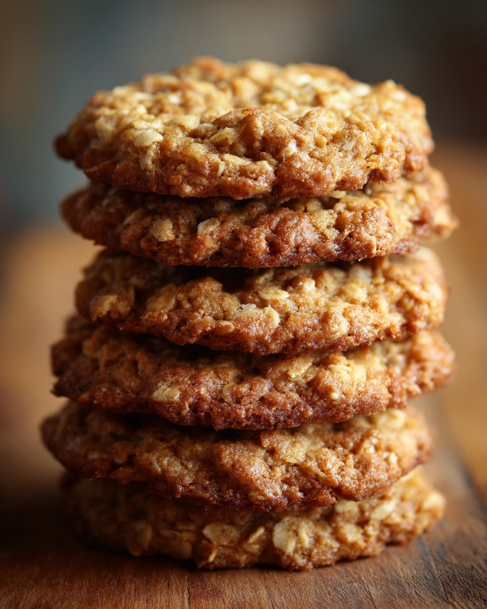 A close-up view of a stack of five chewy oatmeal cookies, each cookie showing a textured surface with visible rolled oats scattered throughout. The cookies are golden brown with a slightly crisp edge and a soft, moist center. The stack sits on a wooden surface with a blurred, warm brown background and a white marbled texture visible around the edges. Photo taken with an iphone --ar 4:5 --v 7