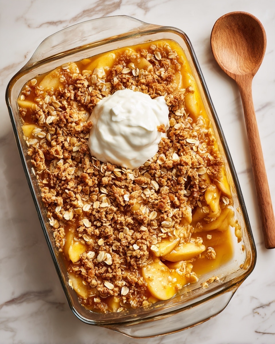 A clear glass baking dish filled with apple crumble showing three layers: at the bottom, juicy golden-brown apple slices in syrup, in the middle, a chunky, crumbly oat topping with a golden tan color, and on top, a dollop of smooth white whipped cream slightly melting into the oat layer. The dish sits on a white marbled texture surface with a wooden spoon nearby. photo taken with an iphone --ar 4:5 --v 7