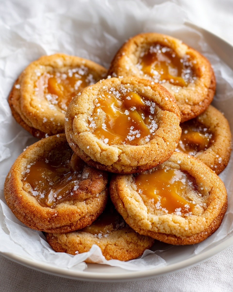 Six soft, round cookies are placed on white parchment paper inside a white plate. Each cookie has a golden-brown outer edge with a slightly cracked texture and a center filled with shiny, sticky caramel that has a light sugary coating on top. The cookies are closely stacked, showing their chewy and gooey textures. The background is a white marbled texture. photo taken with an iphone --ar 4:5 --v 7